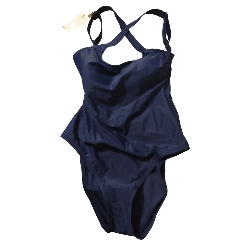 Quince Italian Cross-Back One-Piece Swimsuit Navy Blue Recycled Small Vacation